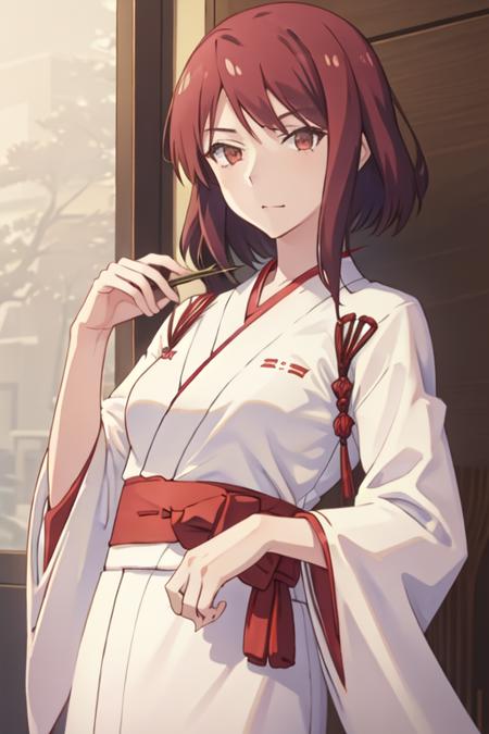 best quality, masterpiece, highres, solo, {white kimono:1.35}, {red hakama:1.35}, {wide sleeves:1.20}, {sengoku_chihiro_sakurasounopetnakanojo:1.15}, short_hair, red_hair, brown_hair, brown_eyes, red_eyes