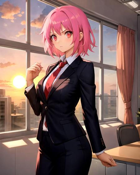 cowboy shot, pink hair, medium hair, red eyes, serious, breasts, black suit, formal suit, red necktie, office, window, sunset, <lora:NINI:0.5>