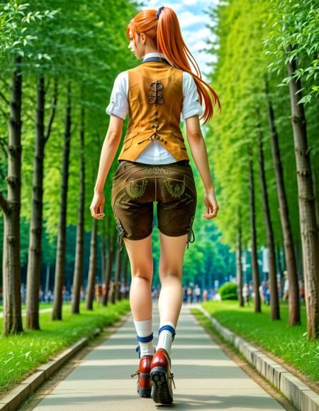 Ankama vivid animation style 1girl,Kushina Uzumaki, wearing Hosn, short pant, necktie, brown shoe, wild leather, vest, at a bavaria munich, from behind,,. Vibrant colors, expansive storyworlds, stylized characters, flowing motion