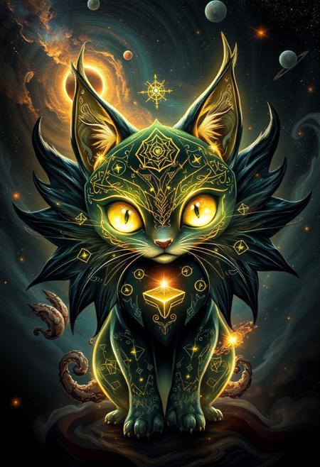 dark cosmic entity, mythological creature, stereotypically cute animal, ethereal and ominous, glowing eyes filled with cosmic energy, swirling galaxies in the background, deep space colors, glowing nebulae, starlight reflecting off fur, intricate cosmic symbols on body, dark surrealism, cosmic horror, awe-inspiring presence, dark atmosphere, celestial headdress of constellations, shadowy textures, cosmic storms swirling around, void-like energy emanating from creature, celestial bodies orbiting, broken mold of innocence, twisted cosmic energy, dark flowing fur like the night sky, mythological symbolism, ominous power, divine and terrifying, (cosmic energy:1.4), high resolution, ((masterpiece)), grim transformation, god-like presence, cosmic rifts in the background, black hole swirling within