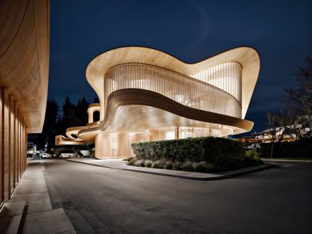 <lora:Arc_v5:0.73>, RAW photo, (curvy timber crafted corner house in the city center by Kengo Kuma), curvilinear, Tokyo city center, ((retro futurism style)), white sky, cinematic lighting, (diffused light:1), large cantilevers, fog, architecture photography, hyper realistic, super detailed, 8k, Nikon Z6 Mirrorless Camera, film grain