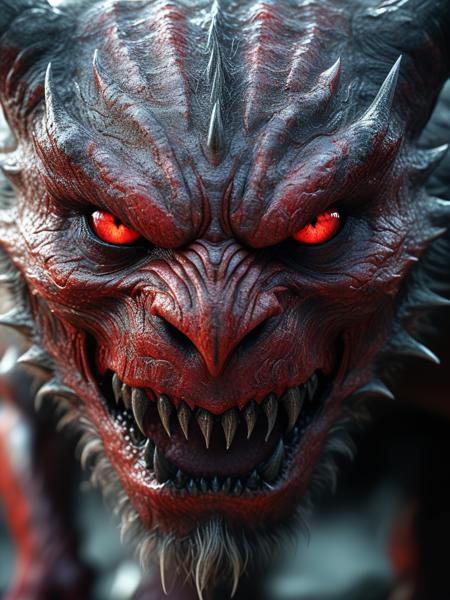 Close-up view of a monstrous creature's face, centered in the frame, (detailed texture:1.2) with a ferocious expression, showing sharp teeth bared in a menacing growl, eyes glowing red, showcasing dark, complex shadows and highlights across the face. The creature's skin appears like rough, aged bark, with varying shades of brown and dark tones, contrasting with the stark light in the eyes. The overall mood is dark and ominous, evocative of a mythical beast. High detail digital art, stylized illustration, photorealistic, epic scale, dramatic lighting, (intricate details: 1.1), intense, (red eyes: 1.2),
 <lora:CINE-000008:1> CINE ,<lora:unholy-000009:0.51> ,<lora:BeautyInEvilXL:0.51> hkevil