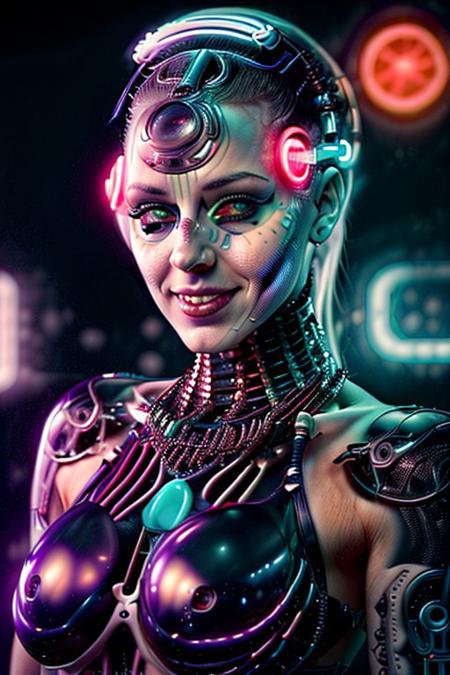 A futuristic humanoid female enjoys a holographic ice cream cone in a glowing cityscape. She smiles as the ice cream changes colors with each bite, surrounded by lively AI-generated animations of people and neon signs, Incorporate glowing or pulsating effects to enhance the futuristic vibe. Stick with a consistent palette, like soft blues and neons, to maintain harmony.