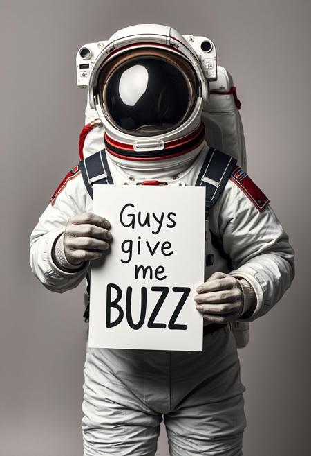 cosmonaut holding poster, text on a poster "Guys give me BUZZ"