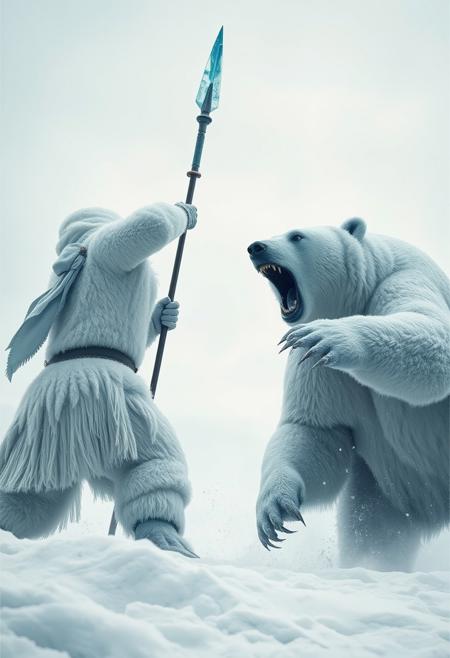 "Image of a snow spirit, a great hunter, poised to throw their massive spear, the tip of which is made of magic blue ice. The hunter's arm is cocked back, ready to unleash the spear at the giant ravenous snow bear standing across from them. The bear, its eyes fixed on the hunter, is ready to attack, its massive paws raised and claws extended. The two enemies face each other in an epic standoff, their eyes locked in a fierce stare. The moment is frozen in time, with the hunter's spear about to fly and the bear's attack imminent. Style: dramatic, intense, and action-packed, with a focus on capturing the tension and power of the moment." Absurdres Highest-Quality, 4k