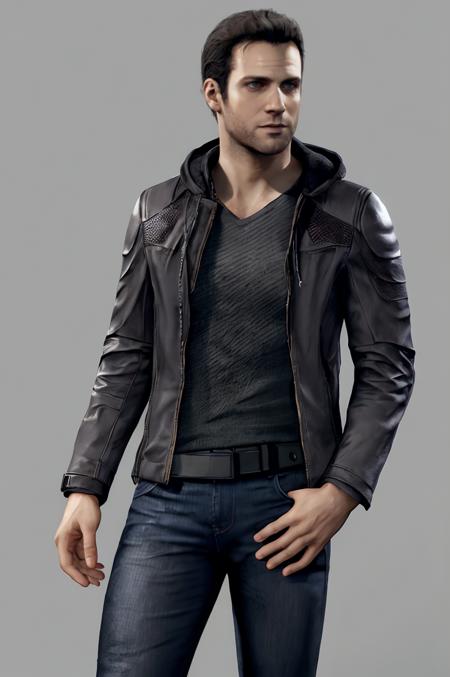 (RAW photo), concept art, <lora:gavreedtest:0.6>, gavinreed, male focus, gray background, jacket, jeans