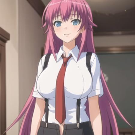 (masterpiece, best quality:1.2),illustration,8k,hd,1girl,solo,upper body,smile,long_hair,very_long_hair,blue_eyes,breasts,large_breasts,shirt,school_uniform,pink_hair,necktie,red_necktie,pants,suspenders,short_sleeves,<lora:Aizawa Suzuka-V1:0.8>,