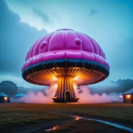 sfw, shnywrld, art style,  ,masterpiece,(best quality),extremely detailed ,   scifi, cyberpunk, steampunk, inflatable, zipper, mushroom, dramatic scene, in an open space, liminal,colourful fog, mist,colourful smoke, , shnywrld<lora:challenge\shinyworld_2dim.safetensors:0.75:0.75>
