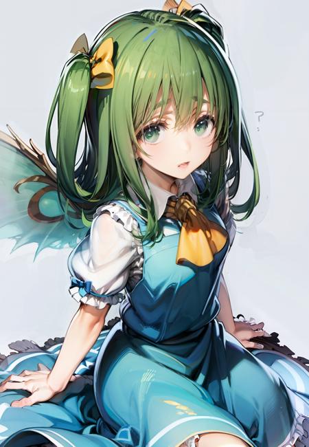 masterpiece, best quality,  <lora:daiyousei:1>,1girl, green hair, side ponytail,green eyes,bow,ascot,blue dress, wings,