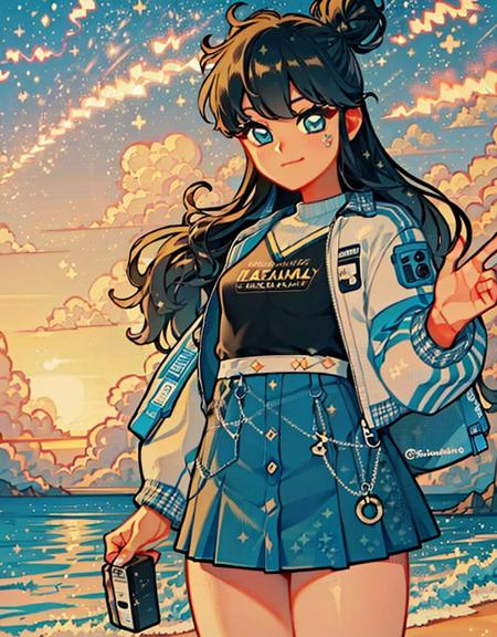 1girl, black hair, long hair, hair bun, school uniform, skirt, jacket, shorts, books, beach city, 
(detailed ladscape:1.2), (dynamic_angle:1.2), (dynamic_pose:1.2),
(masterpiece:1.2), (best quality, highest quality), (ultra detailed), (8k, 4k, intricate), (cowboy shot:1), (highly detailed:1.2),(detailed face:1),(gradients),(ambient light:1.3),(perfect_anatomy:1.2), cinematic composition,
 <lora:Bobotae_Style:1>