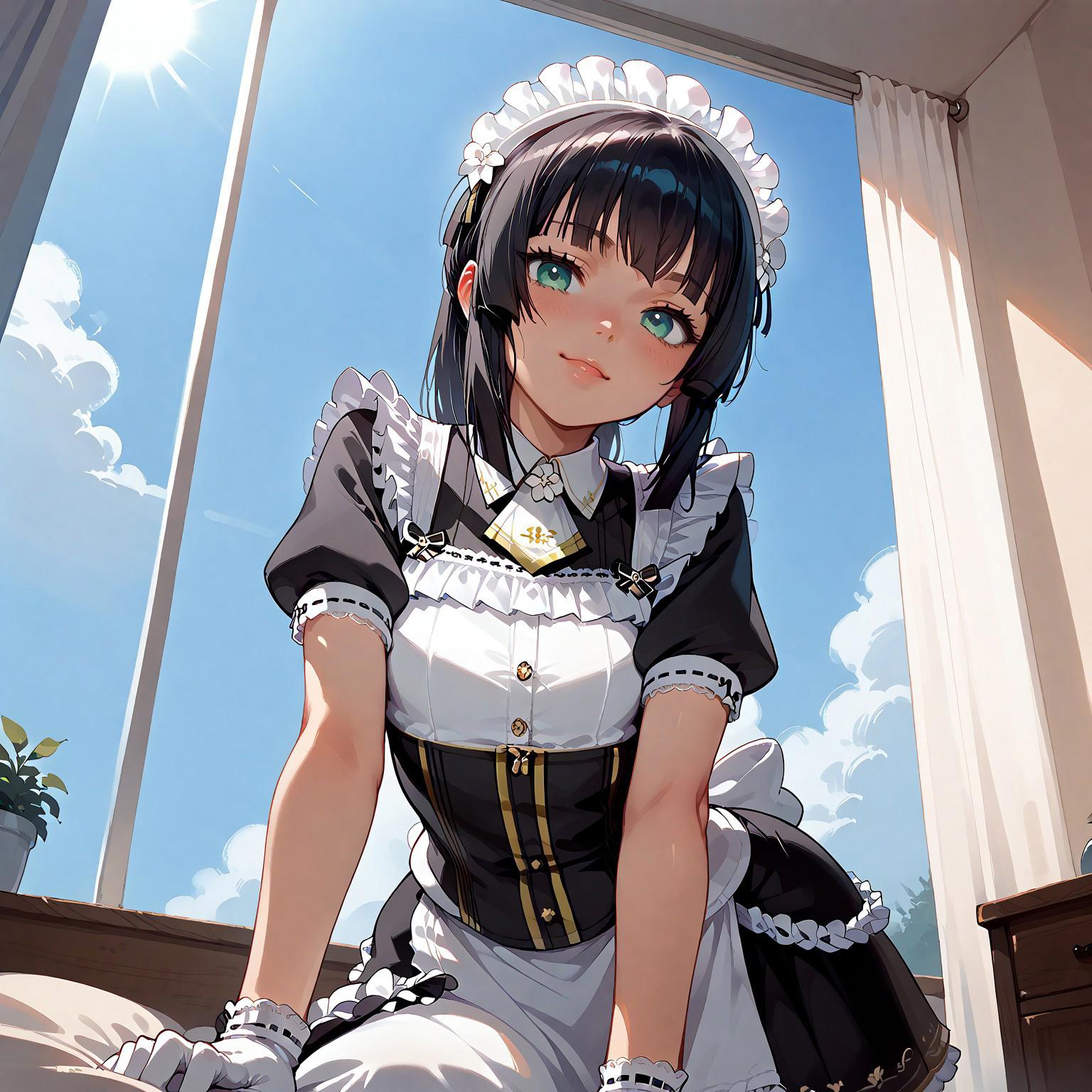 score_9, score_8_up, score_7_up, score_6_up, source_anime. zPDXL3, 1girl, solo, Mafuyu, Sofia maid outfit, Sofia maid headdress, Sofia maid gloves, looking at viewer, smile, leaning forward, bed sheet, window, sunlight, sunny, blue sky, cloud, pov, from below, backlighting 