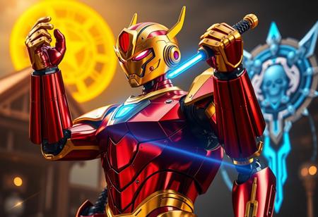 A cinematic, photorealistic render of a Shinato, King of a Higher Plane robot standing proudly in the foreground. Its body is a vibrant, highly-detailed mix of polished red and gleaming shiny gold metals, showing subtle wear and intricate paneling. The robot's head is a striking gold, featuring a highly detailed red visor that glows subtly. In its right hand, it firmly grips a sword with a sharp, cool blue energy blade that emits a faint light, contrasting beautifully with the warm gold and red armor. Its left hand is raised in a powerful gesture of triumph. Behind the robot, in the mid-ground and slightly blurred, a translucent blue energy shield and a radiant yellow halo float ethereally, suggesting their presence within the atmospheric, slightly out-of-focus Secret Village of the Spellcasters background. The composition is impeccable, using a Creative Angle and Golden Ratio for a sense of depth and perspective, focusing intently on the robot's Dynamic Action Pose. Lighting is Captivating, with strong highlights on the polished surfaces and subtle environmental reflections. Rendered with Exceptional Quality, 4K resolution, Lifelike Details on materials, Handcrafted with Precision. Octane Render, Unreal Engine 5, CGSociety, Artstation Trending on ArtstationHQ. No text in the image.