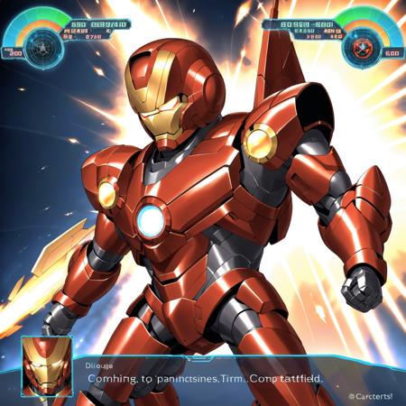 A dynamic game screen featuring Iron Man in a powerful, close-up, half-body pose, launching missiles. The UI showcases various stats like health, armor integrity, <lora:robotulta4:0.7>, and weapon systems, all integrated seamlessly around the screen's edges. Dialogue boxes pop up at the bottom, detailing mission objectives and character interactions. Iron Man's armor gleams under the battlefield's lights, with intricate details on the suit highlighted. The background is filled with intense action, perhaps a cityscape with explosions and enemy combatants, adding to the scene's dramatic effect, perhaps using the Force,