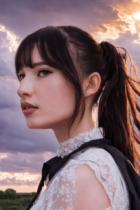 best quality, masterpiece, ultra high res, (photorealistic:1.4), raw photo, 1girl, , portrait of a girl, (face:1.2), floting hair, (wind:1.2), cloud, setting sun, cinematic light, bangs,cumulonimbus, ponytail, lace black necklace, nun dress, 