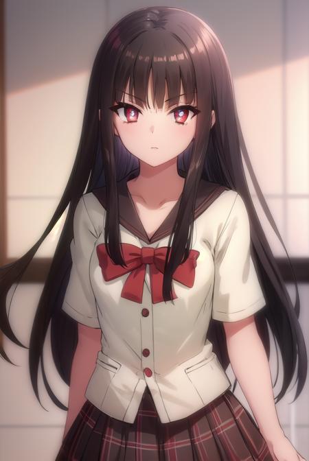 sarasvati, <lora:sarasvati s2-lora-nochekaiser:1>,
sarasvati, long hair, black hair, (red eyes:1.4), blunt bangs, hime cut,
BREAK skirt, bow, school uniform, serafuku, plaid, red bow, brown skirt,
BREAK indoors,
BREAK looking at viewer, (cowboy shot:1.5),
BREAK <lyco:GoodHands-beta2:1>, (masterpiece:1.2), best quality, high resolution, unity 8k wallpaper, (illustration:0.8), (beautiful detailed eyes:1.6), extremely detailed face, perfect lighting, extremely detailed CG, (perfect hands, perfect anatomy),