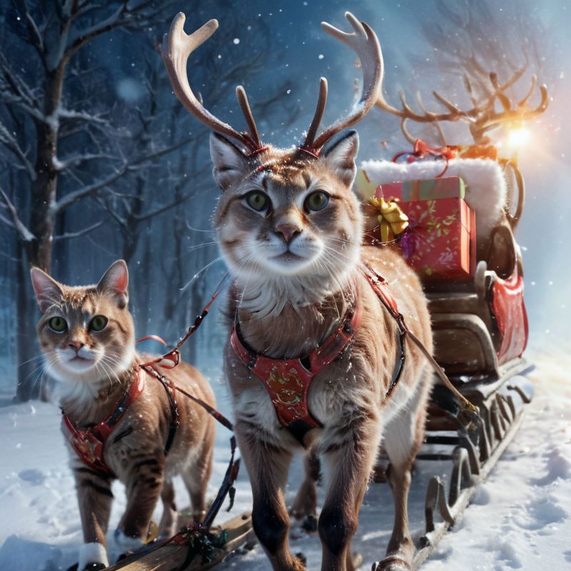 Two cats wearing reindeer antlers and harnesses pulling a sled in the snow.