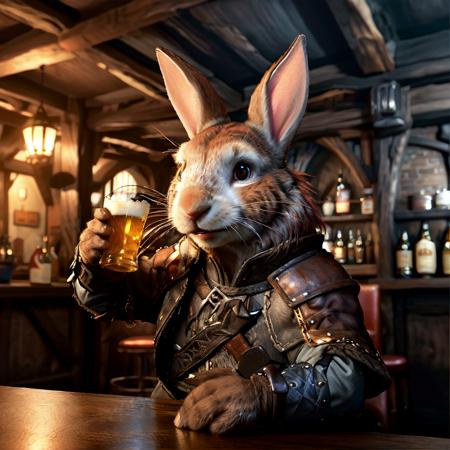 highly detailed  photo of a (harengon:1.15) sitting in  a ((medieval tavern)) ,

holding, beer, beer mug, laughing, smiling, open mouth,whiskers,

realistic:1.3, depth of field, blurry, blurry background,

photorealistic,
ultra photoreal,
32k, fantasy, 
light and dark:1.2,
shadow play:1.2,







