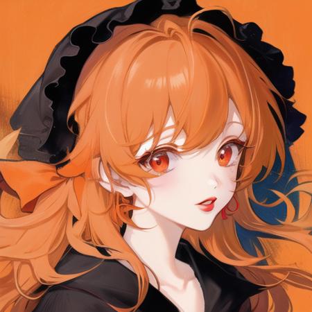 1girl, orange hair, red eyes, lipstick, (solo:1.3),  <lora:MatchaStyleV1:1>