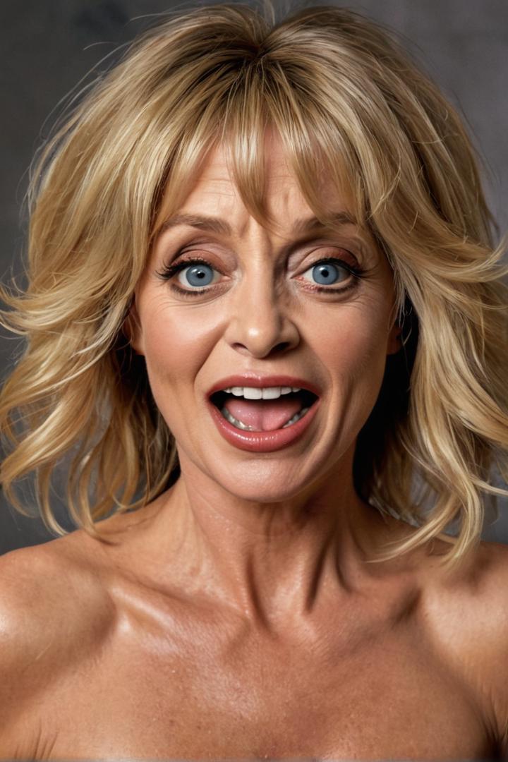 Goldie Hawn in a dramatic role, portraying a vulnerable and emotional character. absurd caricature, (sexy),