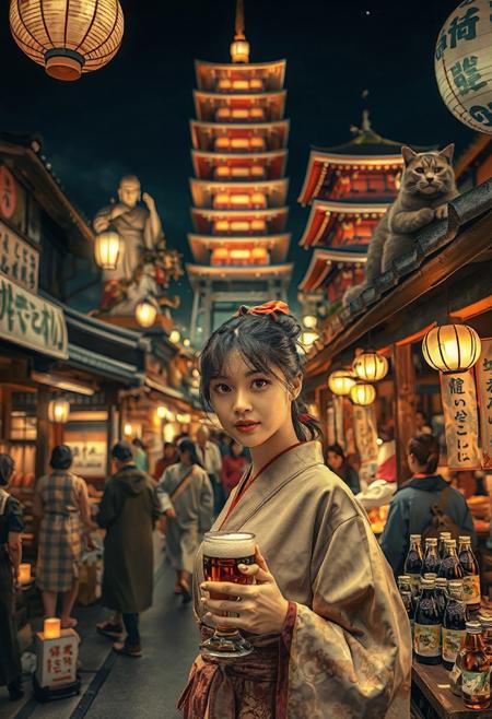 Setting is ancient Japanese street market at night in Kyoto, ((all writing is in Japanese )), ((all lighting is by candles, and Japanese style paper lanterns,  the market is comprised of street vendors selling food, weapons, and clothing. People wearing Japanese  clothing are walking through the street market shopping and eating, A calico cat with red collar sits on a nearby wooden roof at a market kiosk. Behind the a kiosk counter are containers of Japanese  sake, (((a beautiful woman, 24 years old, is standing in the foreground facing the viewer with a metal goblet of beer in her hand. Her eyes are beautiful and focused on the viewer, she has an expression of interested curiosity))), the woman is dressed in Japanese traditional style clothing combining a sexy and classic Japanese aesthetic. Enormous Japanese statues and temples are visible in the background and around the scene and smaller statues and Ancient Japanese architecture is prevalent in the market, The woman's hair is elegantly tied up with a ribbon. Artistic classic Japanese aesthetic, dynamic perspective, (((overall architectural aesthetic is Ancient Japanese ))).  Epic image that elicits a feeling of wonder and awe,