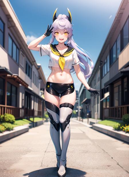 1girl,masterclass,best quality, illustration,  outdoors,city,full_body,standing,PurifierDefault,  black_gloves, black_shorts, crop_top, headgear, looking_at_viewer,  midriff,    ponytail,  sailor_collar, sailor_shirt,  short_sleeves,  smile,   thigh_boots, small_breasts,  yellow_neckerchief,  micro_shorts, black_sailor_collar,    <lora:purifier_D8_V2_e6:1>