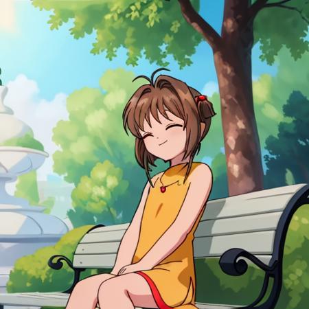 masterpiece, highres, kinomoto_sakura sitting on a bench, in the parc, tree, nature, sunlight, beautiful scene, happy, closed eyes