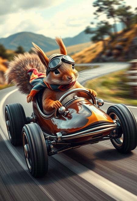 "Thrilling scene: a daredevil squirrel, clad in vintage aviation gear, speeds along a winding road in a shoe-turned-roadster, its four wheels a blur as it hurtles through the landscape. The squirrel's goggles are securely fastened, and its bomber-hat is pulled low over its eyes, giving it a rakish, adventurous air. A colorful scarf flows behind the squirrel, streaming in the wind as it takes a sharp turn, its paws gripping the shoe's makeshift steering wheel. The shoe itself is a marvel of makeshift engineering, with gleaming metal accents and a sleek, aerodynamic design. Style: dynamic, action-packed, and highly detailed, with a focus on capturing the squirrel's joyful, reckless abandon as it speeds through the countryside."
