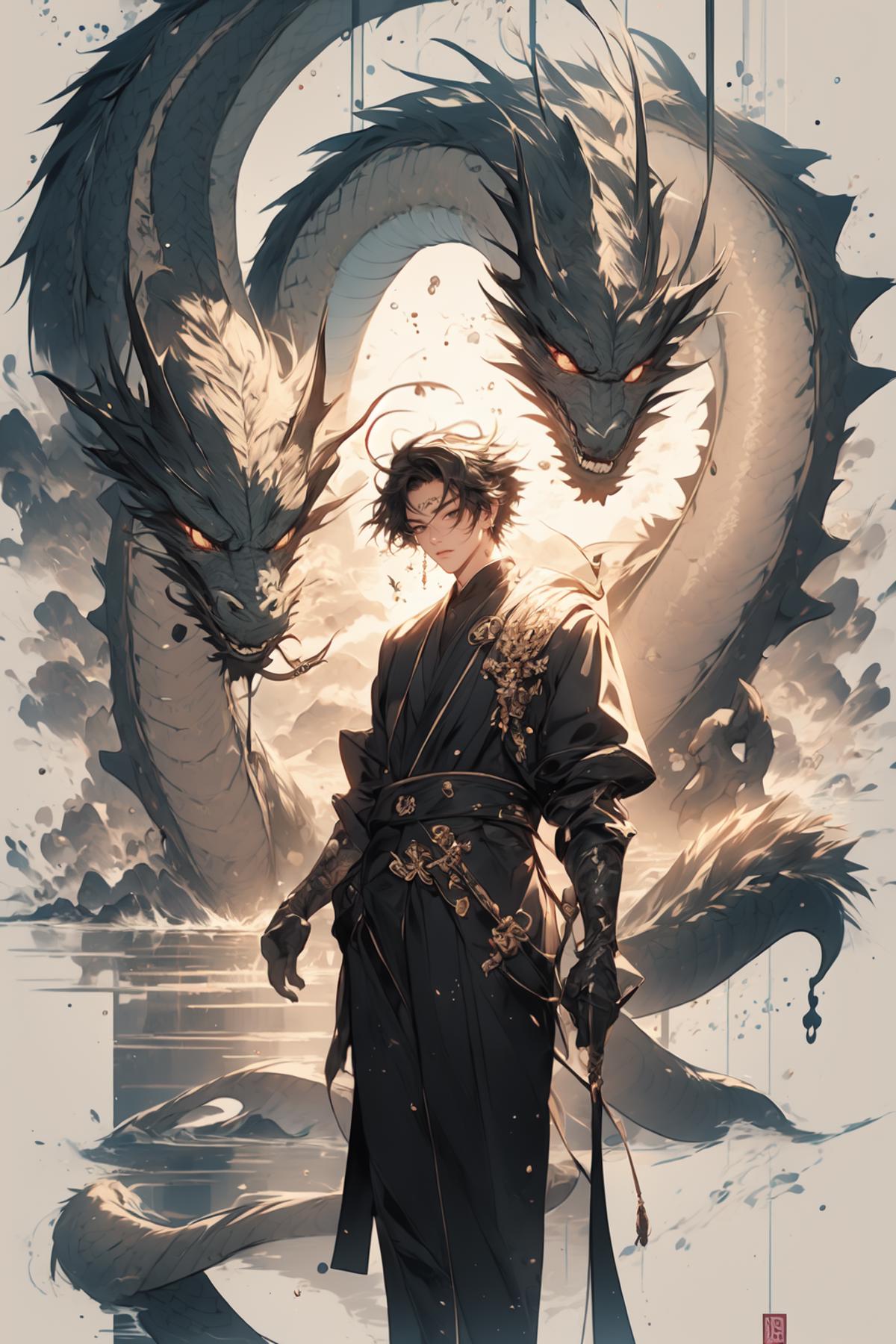 Anime drawing of a young man standing between two dragons.