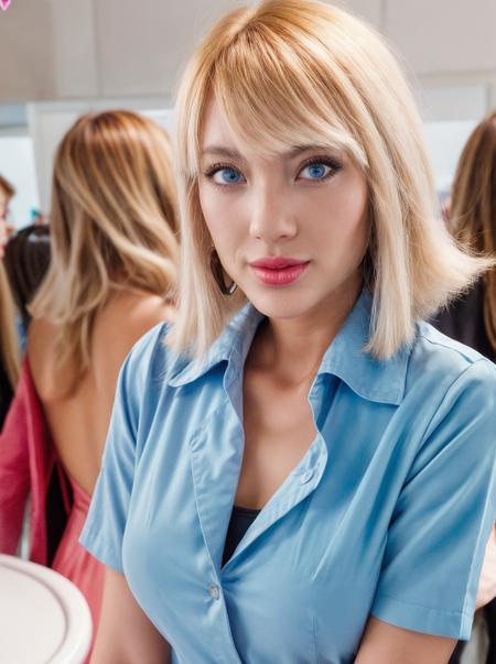 , realistic, amazing photo of a pretty woman wearing chemist clothes, makeup, <lora:quiron_KaschaPapillon_v2_lora:0.87> KaschPapillonQuiron, blond hair, at crowded party background