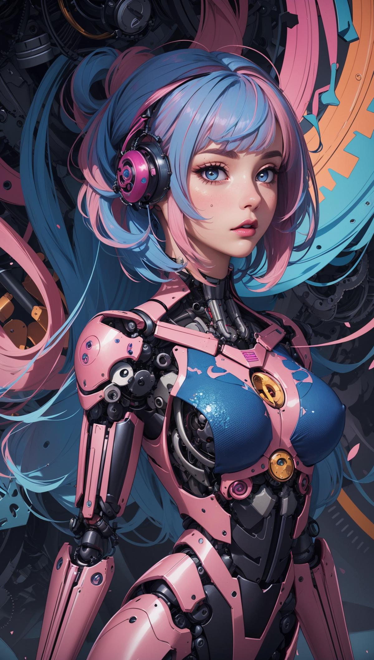 A robotic woman with blue hair and pink skin.