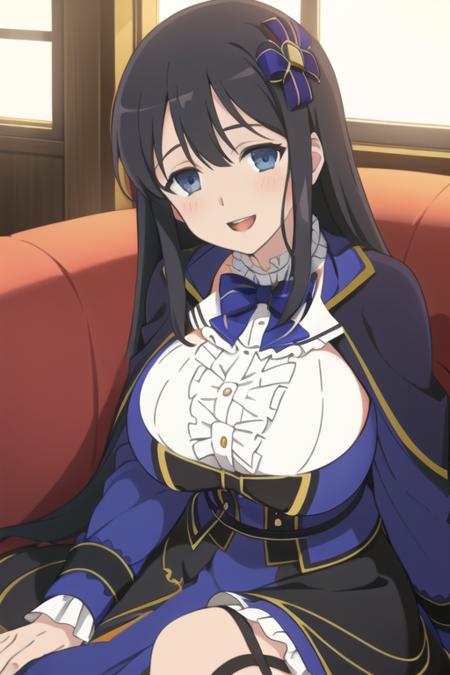 best quality, masterpiece, 1girl, ryouki \(senran kagura\), senran kagura, long hair, very long hair, black hair, blue eyes, breasts, large breasts, huge breasts, facing viewer, looking at viewer, pov, blush, happy, smile, open mouth, capelet, blue capelet, frills, frilled collar, bowtie, black bowtie, dress, blue dress, black dress, long dress, long sleeves, blue sleeves, gold trim, hair ornament, hair flower, sitting, legs together, on couch, leaning back, indoors, window, dated, dutch angle, cowboy shot, simple background,