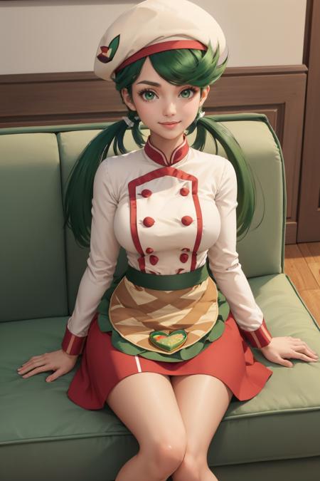 masterpiece, best quality, <lora:mallow-nvwls-v1-000008:1> palmallow, green hair, twintails, beret, chef's uniform, white shirt, long sleeves, apron, red skirt, medium breasts, couch, looking at viewer, smile, green sneakers, white socks, sitting, (dark skin:0.8)