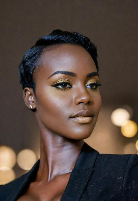 an eye contact of a Ugandan woman, (black skin:1.3), yellow spotlight, dark theme, lonely, Lavish, Matte black eyeshadow with a cut crease, metallic lipstick, golden ratio, Almond-shaped eyes, Freckles, indietronica, soft lighting, bokeh, selfie at work, strong feminine, business, office, (formal clothing:1.2), cleavage, 20 Years old, Skinny, Busty thighs, Bangs, beautiful, sports photography, nice tits, wide hips, slim waist, thick, big ass, horny, fitness, gym, nike leggings, camel toe, exercise clothing, wedgie, oiled, tight, brown hair,