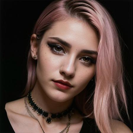 (a cute girl, 22 years old, pale skin ,  pink hair ,skinny:1.1),(big boobs , small nipples, Colombian hipster girl, edgy vibe, dark, mascara, eyeliner, dark cheeks, expressive lips, Unique facial piercings, alluring necklace, stylish sexy streetwear, alluring thighs, aesthetic tattoos on her body, almond shaped eyes, Dimples, strong eyeliner eyes ,Defined jawline, skin pores )