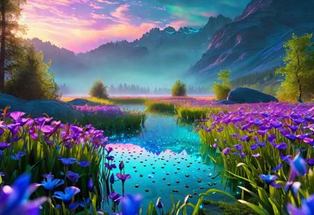 Surreal, dreamlike landscape, hyper-detailed, vibrant colors. Foreground: meadow with glowing translucent flowers (neon-blue irises, purple ranunculus, crystalline daisies), grass rippling in invisible wind. Central lake with shifting hues (mirror-blue, gold, rainbow sheen), liquid glass fish with galaxy patterns inside. Background: smoky, light-veined mountains dissolving into clouds formed by swirling tiny birds. Triple-layered sky: soft aqua below, swirling purple-turquoise nebulae mid-layer, ink-black cosmic top with crimson stars, floating islands with amber-leaf trees and giant mushrooms. Details: map-winged birds, mossy bench changing colors (emerald to burgundy), dewdrops as miniature worlds, dragon-shaped shadow breathing with wind. Ethereal, nostalgic, imaginative, soft glow, 8k resolution, trending on ArtStation