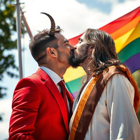 2 happy men kissing each other, sunny, outdoors, there is a rainbow colored flag just behind them, (two men kissing:1.1), realistic photo masterpiece, high quality, detailed, gay,
BREAK,
The man on the left is attractive and well dressed in an expensive red suit and tie, the man on the left has goat horns at his temples, the man on the left has nice hair, the man on the left has a mustache and goatee but no other facial hair, the man on the left is cosplaying as the devil,
BREAK,
the man on the right is the typical depiction of jesus christ, The man on the right has long brown hair and a full beard, the man on the right is wearing a white robe and brown sash, 
BREAK
The two men are in love, happy, (gay pride, rainbow flag:1.2)