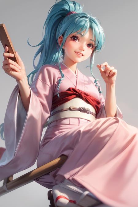 masterpiece, best quality,1girl, smile,close mouth,(broom riding:1.2), clogs, socks,broom,japanese clothes,long clothes, kimono,grey background,