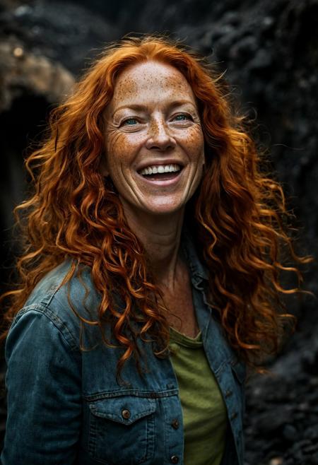 A captivating, cinematic photo of elegant beautiful 48 year old woman exploring a dark coal mine, with long curly orange hair and freckles, brilliant green eyes, laughing, full body view, dirty blue jeans, dirty yellow t-shirt. The background is a mystical, dark shadows, creating a spooky atmosphere. DarkFantasy, photo, cinematic,