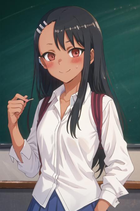 best quality, masterpiece, highres, solo, {nagatoro_hayase_donttoywithmemissnagatoro:1.15}, black_hair, long_hair, dark-skinned_female, dark_skin, brown_eyes, hairclip, hair_ornament, blush, bangs, smile, 1girl, chalkboard, portrait, shirt, classroom, sweatdrop