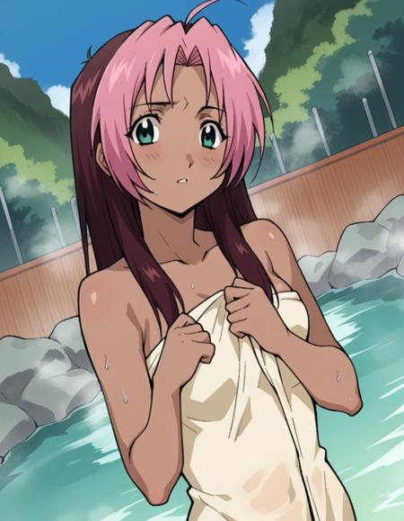 rose, long hair, brown hair, pink hair, ahoge, multicolored hair, dark skin, two-tone hair, dark-skinned female, split-color hair, dyed bangs, dress, jewelry, bracelet, white dress,