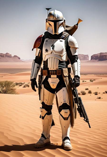 "AI-Generated Reference Images: a mix of  a stormtrooper and a mandalorian armor in a desert landscape mad max style, very dirty and worn armor, cape and backpack