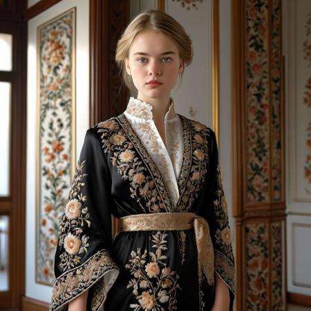 (1girl) stunning realistic detailed provocative candid full-body photo of a stunningly pretty German princess, age 18, she wears elegant embroidered robes, she is tremendously courageous and intelligent, she looks at the viewer seductively,