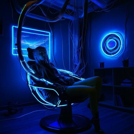 7-jackedin, girl, lounging in a chair, cables coming from head, sci fi, cyberpunk, realistic, glowing fiber optic cables, futuristic office, LEDs, neon lights