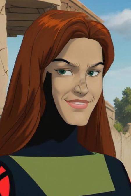 jean grey,long red hair,makeup, green eyes, black headband, expose breasts, turtleneck,long sleeves, looking at viewer, serious, smiling, smirk, portrait, 
outside, blue sky, extreme detail,masterpiece, beautiful quality, <lora:CARTOON_X_MEN_Evolution_jeangrey_ownwaifu:.7>