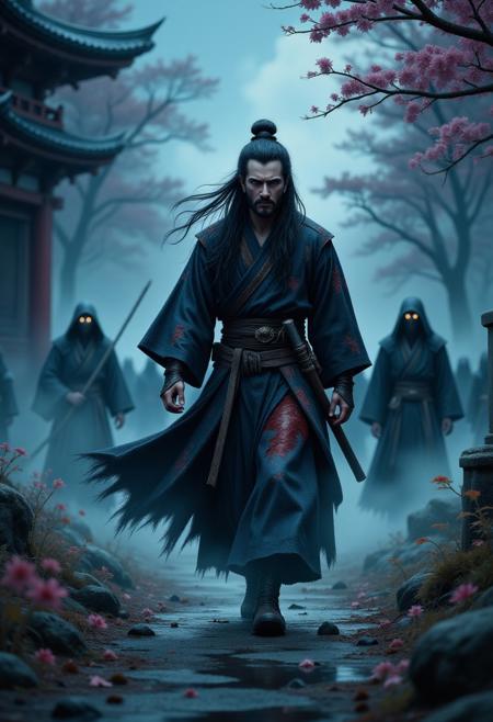 (Cursed Samurai Spirit Style) – A wandering ronin with long black hair, wearing a torn bloodstained kimono, walking through a mist-covered graveyard. Ghostly figures of fallen warriors whisper in the wind around him, their glowing eyes watching his every step. (gothic anime, supernatural samurai, Edo-era horror, eerie mood, cinematic fog, haunting presence)
,pinkhidreamfantasy, aidmamjv7
