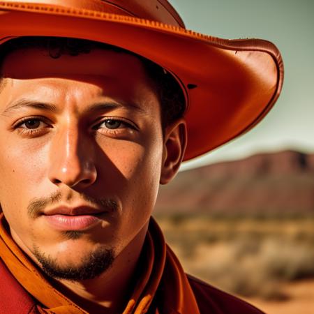 abstract-concepts, RAW photo, closeup portrait of a 28 year old man, Patrick Mahomes, as a Wild West cowboy, (red) and white outfit, Arizona background, (high detailed skin:1.2), 8k uhd, dslr, cinematic lighting, high quality, film grain, Fujifilm XT3,