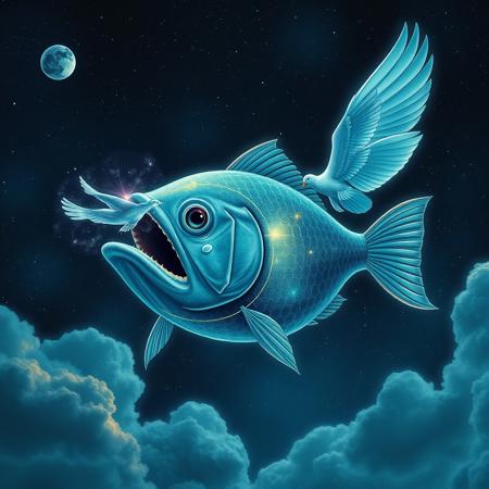 score_9, score_8_up, score_7_up, a cosmic fish with a black hole in its mouth that sucks in light hunting a bird flying in the sky