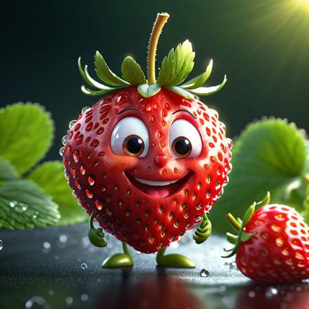 (masterpiece:1.3, concept art, best quality:1.21), very cute appealing (anthropomorphic strawberry:1.1), looking at the viewer, big grin, happy, fruit, berry, droplets, macro, sunlight, fantasy art, dynamic composition, dramatic lighting, epic realistic, award winning illustration