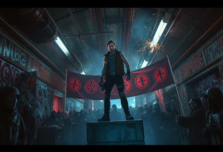Deep beneath the polished towers of the Neon Empire, in the forgotten alleys and flickering underworld, a rebellion is born.
In a darkened subway terminal painted with holographic graffiti and the ghosts of empire, a lone rebel stands atop a crate, addressing a masked crowd.
Their face glows in the pulsing neon — defiant, scarred, half-cybernetic.
Behind them, banners ripple with anti-empire glyphs.
The crowd is diverse: former soldiers, hacked androids, cloaked data-smugglers, rogue AI priests.
Sparks fly from overhead cables; the city above doesn't know it's already cracking.
Cyberpunk underground resistance, cinematic 8K, tense shadows, neon graffiti, gritty detail, dynamic pose, dark rebellion energy.