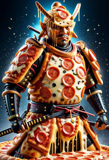 (futuristic samurai:1.3) in ornate (pizza armor:1.4), blades made of melted cheese and crust, (pepperoni shoulder pads:1.2), standing on (sauce-splattered battlefield:1.2), cinematic lighting, concept art style, sharp details
Tags: pizzasdx, lazympos